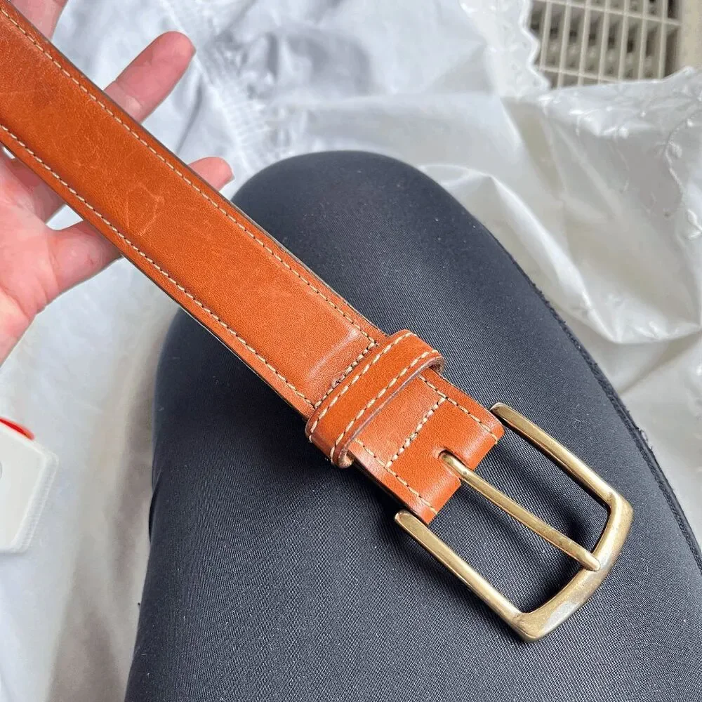 LL Bean Leather Belt Solid Brass Buckle USA Made Brown Casual Heritage 34